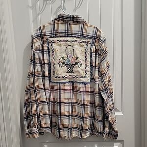 Distressed Flannel Shirt VTG embroideries crewel OOAK needlework XXL Patchwork